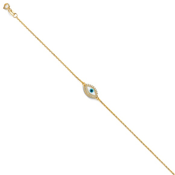 14k Yellow Gold Evil Eye Chain Bracelet 7+1" - Picture 1 of 3